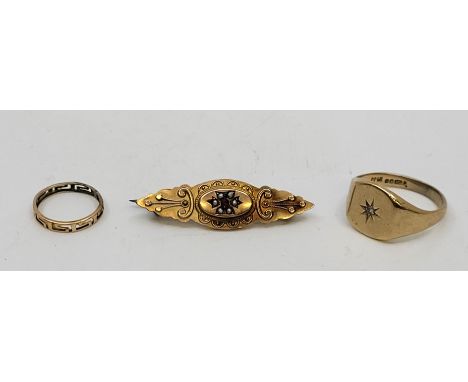 A 9ct. gold and diamond set signet ring, gypsy set eight-cut diamond, size UK S 1/2 (gross weight 5.9g), together with Victor