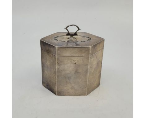 A silver tea caddy, by Brook &amp; Son, Sheffield 1911, of hexagonal form with bat wing decoration to hinged cover surmounted