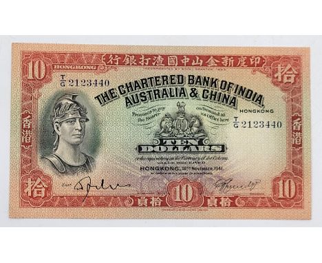 A Hong Kong Chartered Bank of India, Australia & China 10 dollars note, 18th November 1941, T/G 2123440, warriors head waterm
