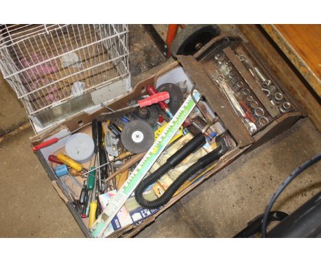 A tray box containing various hand held tools, wire brushes, screw drivers, grinding wheels; and a metal tool box with conten