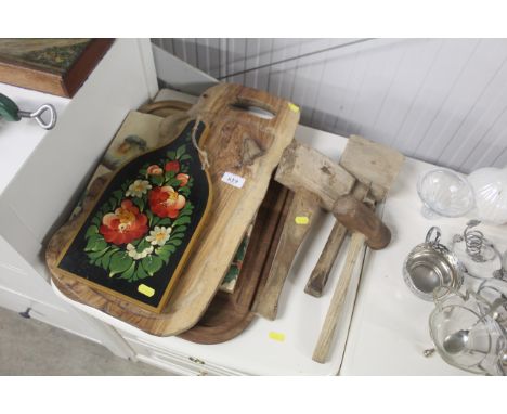 Three vintage wooden mallets, various wooden trays etc.