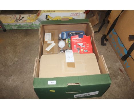 A box containing various light bulbs, an Eveready dummy CCTV camera in original box, a box containing a quantity of Dyson DC1