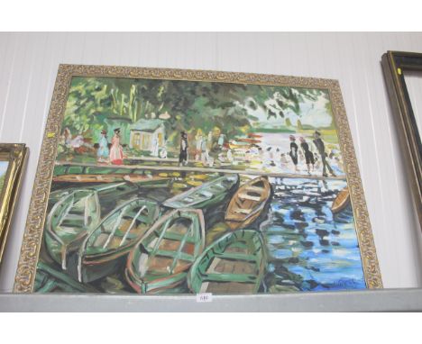 An After Claude Monet oil on canvas, figures boating in gilt frame