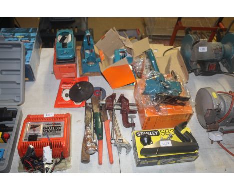 A Stanley SB3 smoothing plane in original box together with various Black and Decker drill attachments, various hand held too
