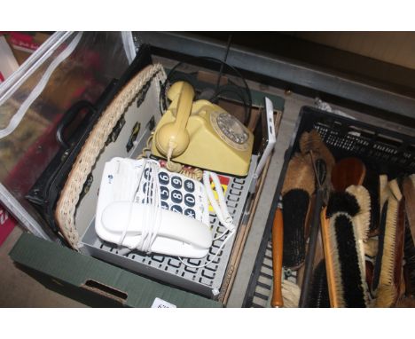 Two vintage telephones, wicker trays etc.