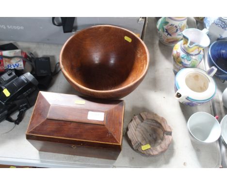 A 19th Century two compartment tea caddy, carved oak ash tray and a turned wooden bowl
