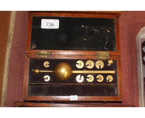 A brass hydrometer in fitted wooden case