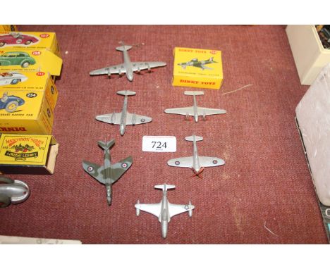 Six various vintage Dinky aircrafts and another of a supermarine swift fighter boxed