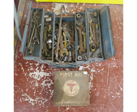 Tool box and contents together with a US army first aid box 