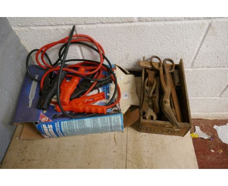 Collection of old mechanics tools together with jump leads 