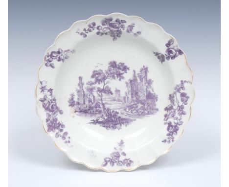 A Worcester lobed and fluted circular plate, printed after Robert Hancock, in puce with an idealised Italianate landscape,  t