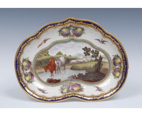 A  Worcester Fables  heart shaped dish,  painted with two cattle in a stream and goats, birds in flight in an extensive river