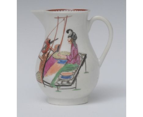 A Worcester Lady at the Loom pattern sparrow beak jug, painted  in bright colours with a lady at a weaving loom, the exterior