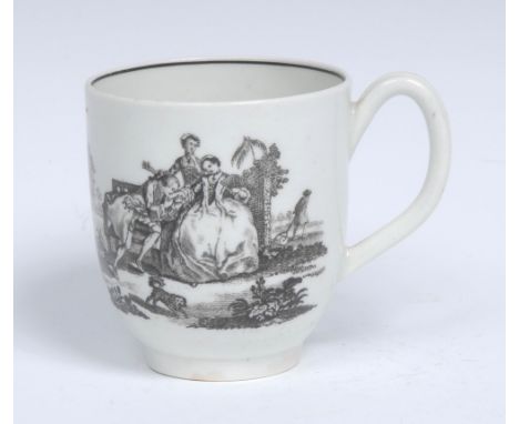 A  Worcester L'Amour pattern coffee cup, ribbed handle, after an engraving by Robert Hancock, with a courting couple, her mai