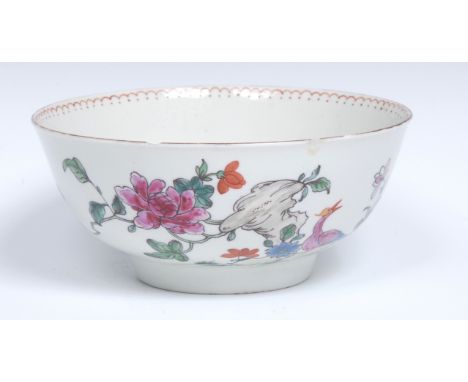 A rare Worcester Chinoiserie bowl, with two colourful fancy birds with long flowing tails calling to each other, gilded heads
