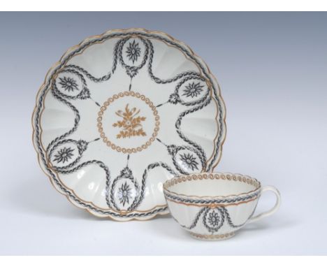 A  Worcester medium reeded saucer dish and teacup, possibly painted in the James Giles atelier in Neo-Classical manner in bla