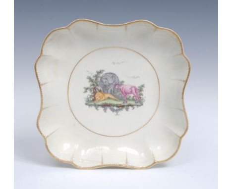 A Worcester Aesop Fable lobed square dish, with ozier border, the centre finely painted with a reclining lion, grey elephant,