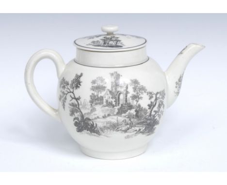 A Worcester globular teapot, printed in monochrome with an engraving after Robert Hancock, with idealised Italianate landscap