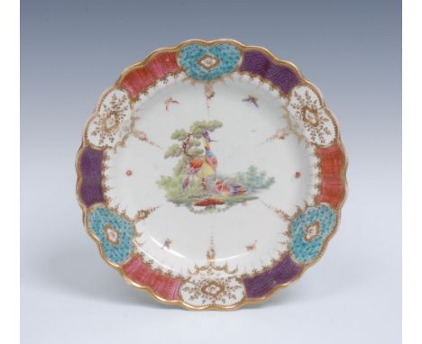 A Worcester Mrs Arthur James pattern dessert plate, decorated in the Sevres manner, the centre painted with fancy birds in a 