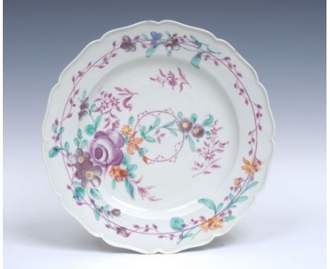 A large Worcester shaped circular dish, with lobed rim, in the manner of Meissen, outside decorated, probably in the James Gi
