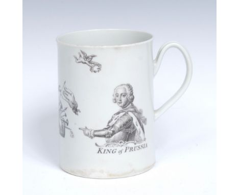 A  Worcester King of Prussia spreading cylindrical mug,  grooved handle, printed in monochrome with an engraving after Robert