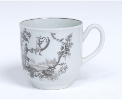 A Worcester Les Garcons Chinois coffee cup, grooved handle, printed in the style of Pillement, with two Chinese boys, one sta