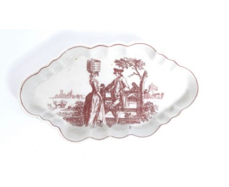 A Worcester Milkmaid at Gate pattern shaped oval spoon tray, printed in reddish brown after an engraving by Robert Hancock, w