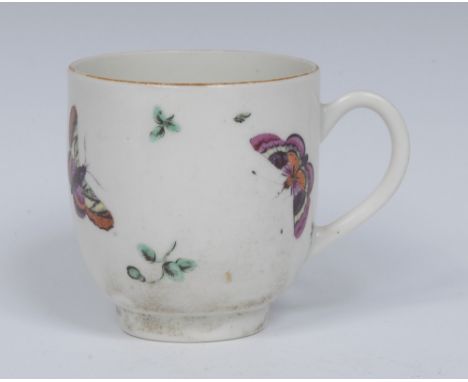 A Worcester coffee cup, painted with a series of colourful Fancy butterflies and buds in green monochrome, gilt rim, plain ha