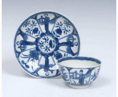 A Worcester Arcade pattern tea bowl and saucer,  painted in cobalt blue in the Kangxi style with alternating petal shaped pan