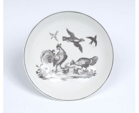 An early Worcester Transitional Period saucer, printed in monochrome after James Hancock, with ornithological study of a cock