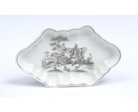 A Worcester The Tea Party No 2 shaped oval spoon tray, printed in monochrome after an engraving by Robert Hancock, with a cou