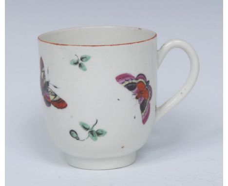 A Worcester coffee cup, painted with a series of colourful fancy butterflies and buds in green monochrome, gilt rim, plain ha