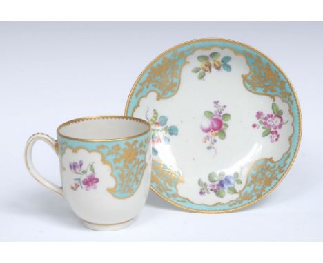 A Worcester coffee cup and saucer, decorated in the James Giles atelier, painted with sprays of fruit and flowers including p