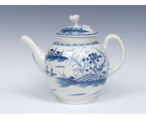 A Worcester Rock Strata Island pattern globular teapot and cover, finely painted in blue with riverscape with a sampan by an 
