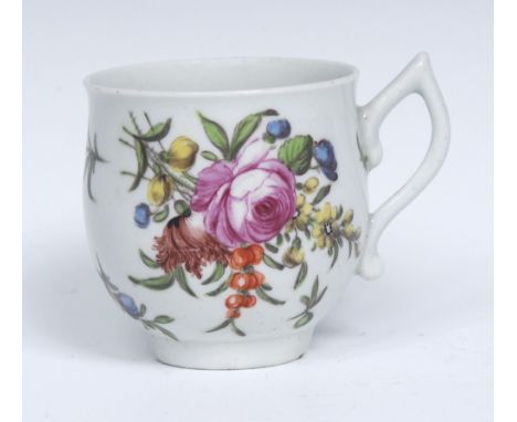 A Worcester bell shaped coffee cup, slender wishbone-handle, superbly painted in the Roger's style of flowers, with a rose, d