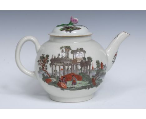 A Worcester globular teapot and cover, printed and painted in polychrome with classical ruins, after engravings by Robert Han