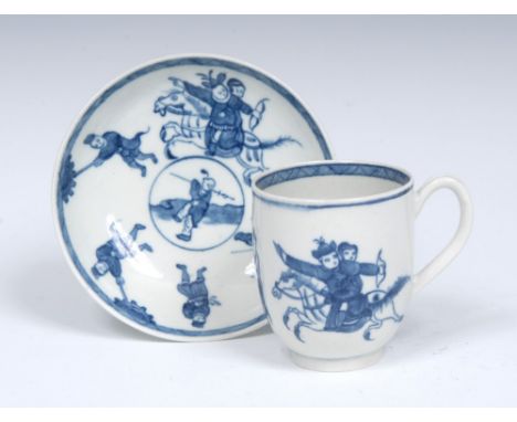 A Worcester Eloping Bride pattern coffee cup and saucer, finely painted with a  frieze of Chinese archer and companion gallop