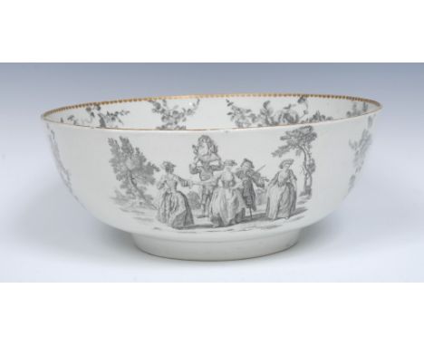 A rare Worcester large punch bowl, printed in shades of grey with Robert Hancock engravings, to the interior a print of Kent'