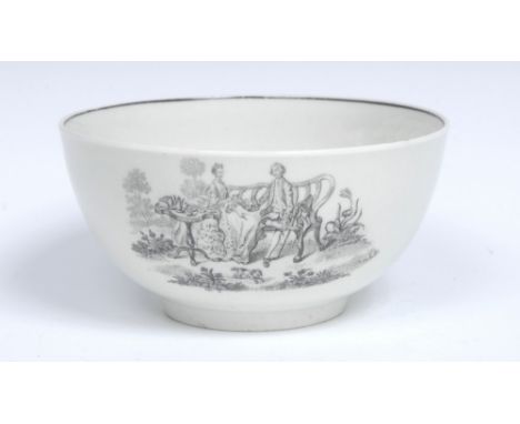 A Worcester bowl, printed in black with three engravings after Robert Hancock, with Gardener, Grafting Tree', Maid and Page' 