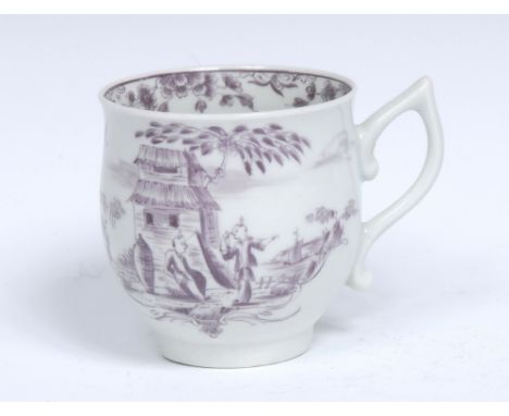 A Worcester Two Storey House pattern bell shaped coffee cup, wishbone handle, pencilled in purple, with a Chinoiserie pattern