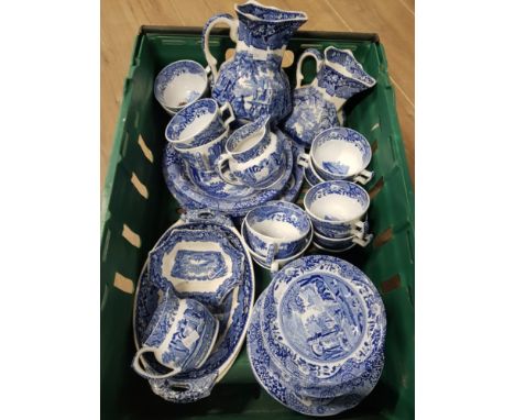 BOX OF BLUE AND WHITE SPODE DINNERWARE AND MASONS JUGS