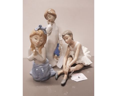 3 NAO FIGURINES BALLERINA AND GIRL PRAYING PLUS GIRL WITH DOLL