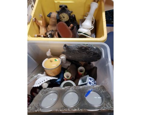 2 BOXES OF CHINA AND GLASS PLUS DOG ORNAMENTS AND DECORATIVE CLOCK