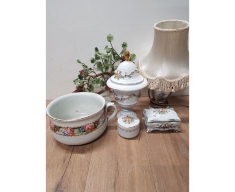 6 MISC PIECES INCLUDING CHINA TRINKET BOX AND GIBSONS CHAMBER POT