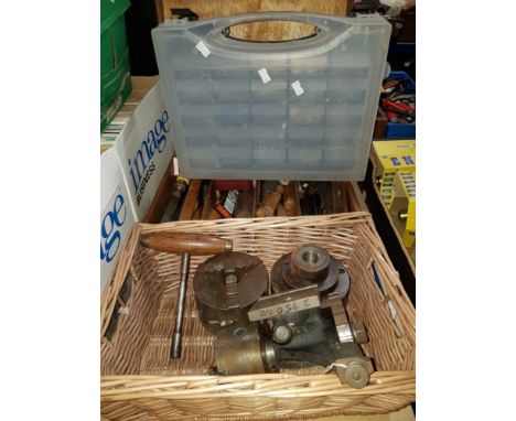 A BOX OF SCREWS AND A BOX OF TOOLS CONTAINING CHISELS TOGETHER WITH BASKET CONTAINING PARTS FROM A LATHE MACHINE LATHE