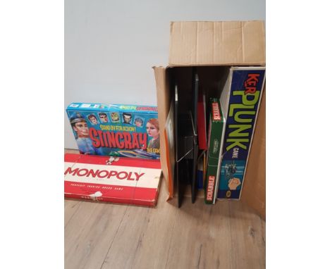 BOX OF VINTAGE GAMES INCLUDING STINGRAY AND MONOPOLY ETC