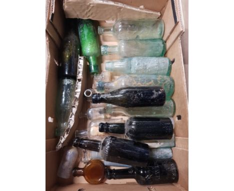 BOX OF VINTAGE GLASS BOTTLES