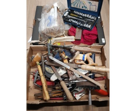 2 BOXES CONTAINING A SUBSTANTIAL AMOUNT OF TOOLS INCLUDING RATCHET SET IN CASE CHISELS ETC