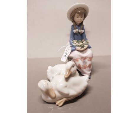 LLADRO FIGURE 5554 PRETTY AND PRIM SMALL CHIP ON GIRLS HAT AND NAO DUCKS