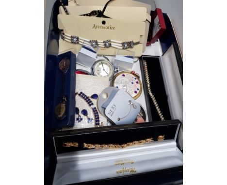 MIXED LOT OF COMPACTS POCKET WATCH AND COSTUME JEWELLERY